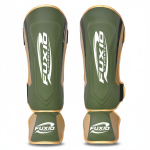Caneleiras Fuxio Sports verde-oliva e douradas com a marca Elite Performance.